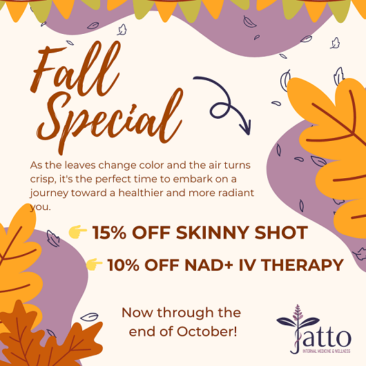 advertisement for the fall special on skinny shots and NAD+ IV therapy